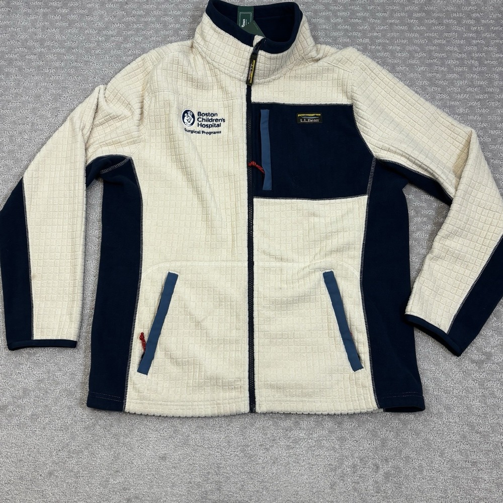 L.L. Bean Mens Mountain Grid Fleece Waterproof Jacket Cream Blue Sz L Logo NEW